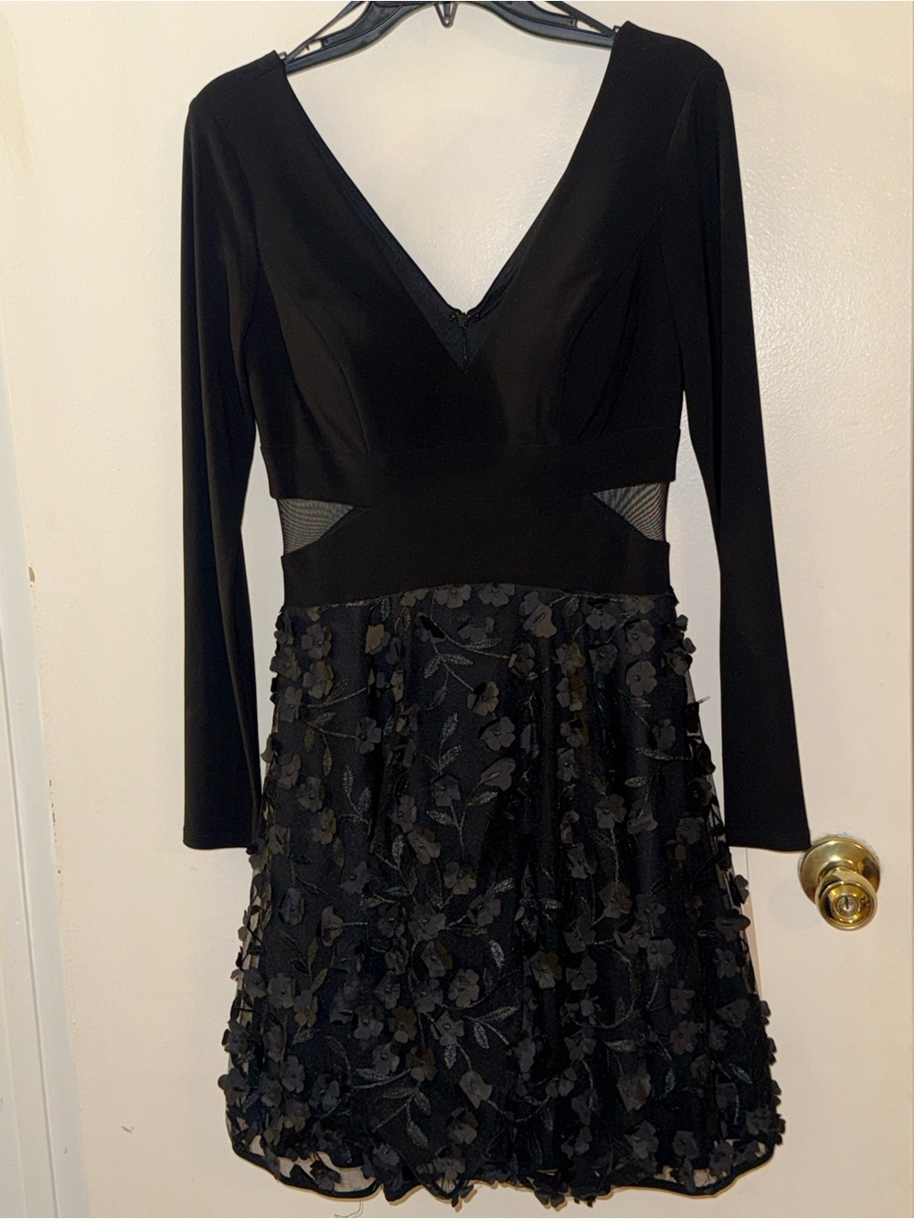 Bloomingdale's Black Long-Sleeve V-Neck Floral Appliqué Dress